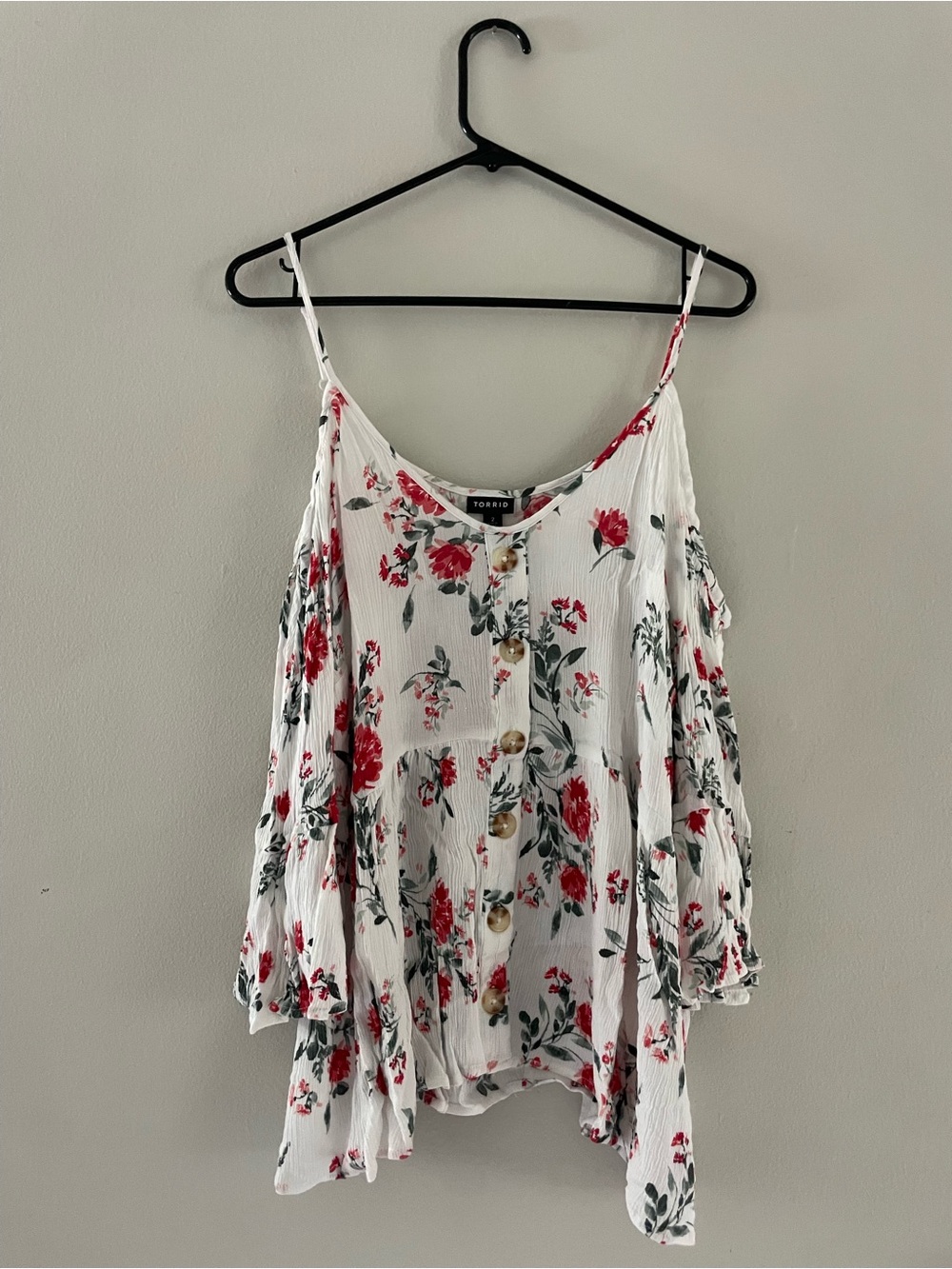 Torrid White & Red Floral Cold-Shoulder Blouse